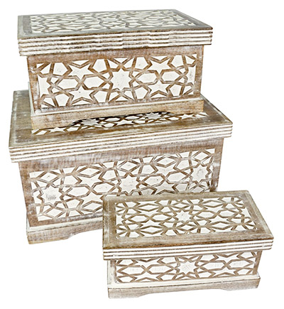 Mango Wood Set Of 3 Large Star Boxes Burnt White Finish
